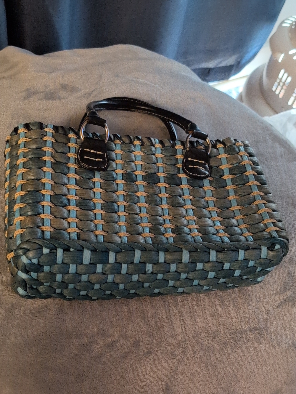 Liz Claiborne Woven Tote in Teal, Tan and Black